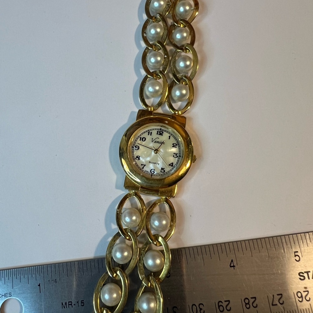 Gold and White Hexagonal Watch with Double-Strand Bracelet